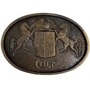 Vintage 1970s Colt Mens Belt Buckle Solid Brass Rare Eagle Horses Crest Western